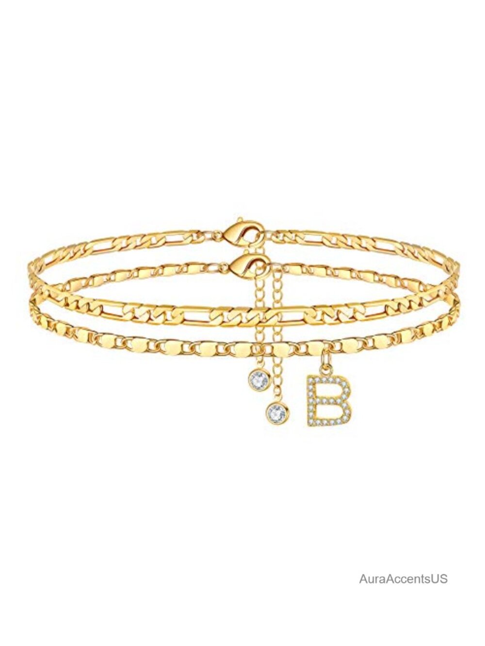 Gold Plated Adjustable Initial Anklet Set with CZ - Layered Chain Bracelet